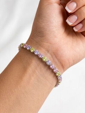 Platinum Plated Multi-Color Pastel Crystal Tennis Bracelet | Dainty Jewelry